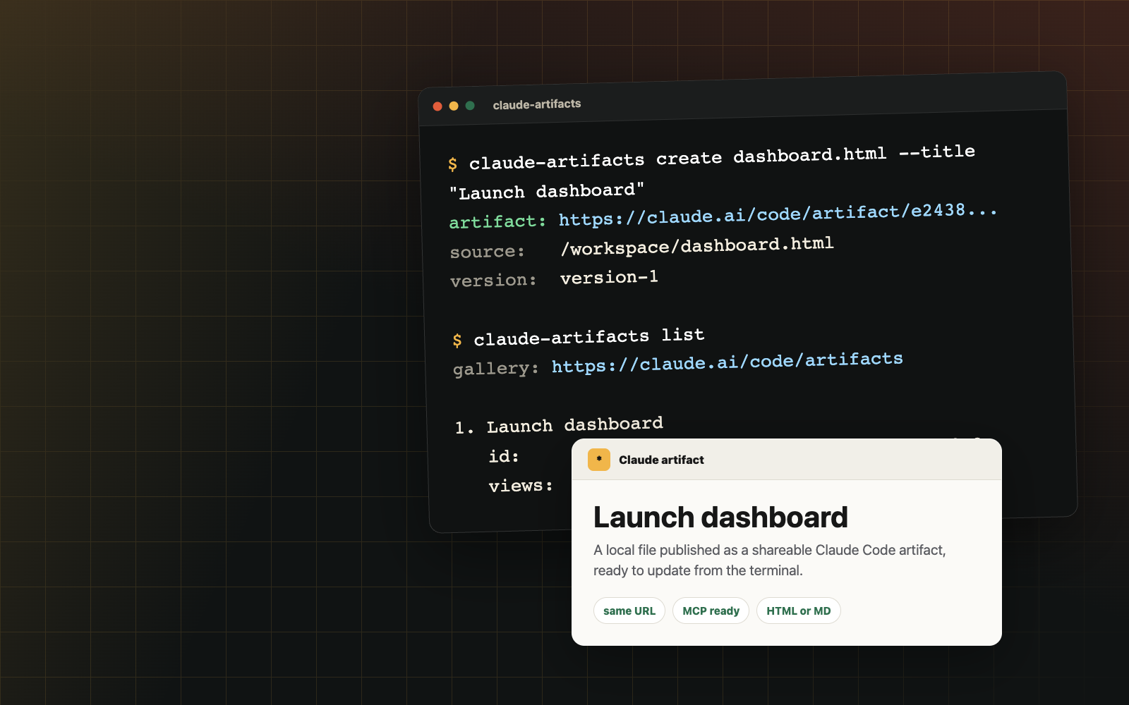 Terminal showing claude-artifacts publishing and listing Claude Code artifacts
